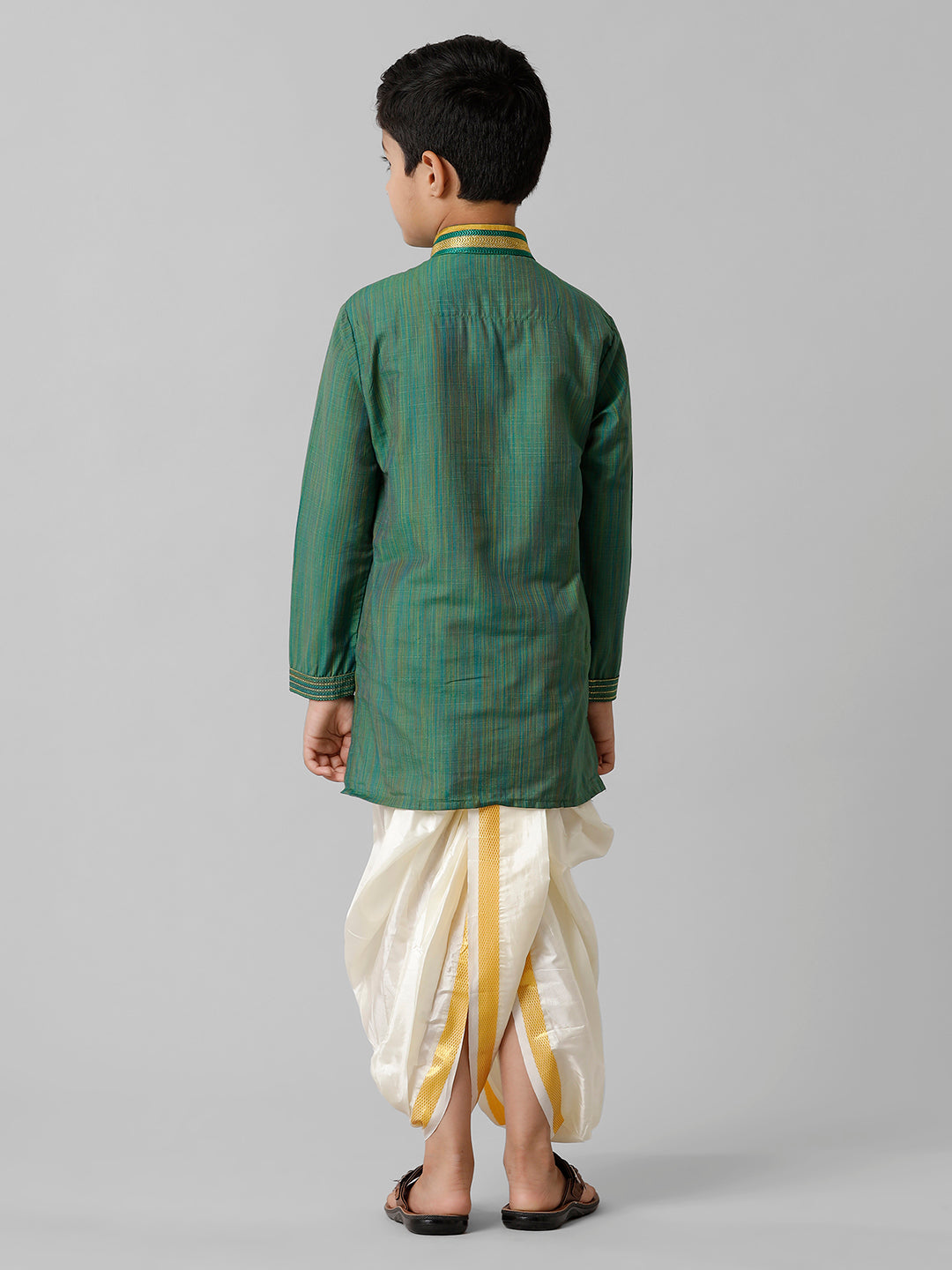 Boys Emerald Cotton Dark Green Kurta with Cream Readymade Art Silk Panchakacham Combo EMD7-Back view