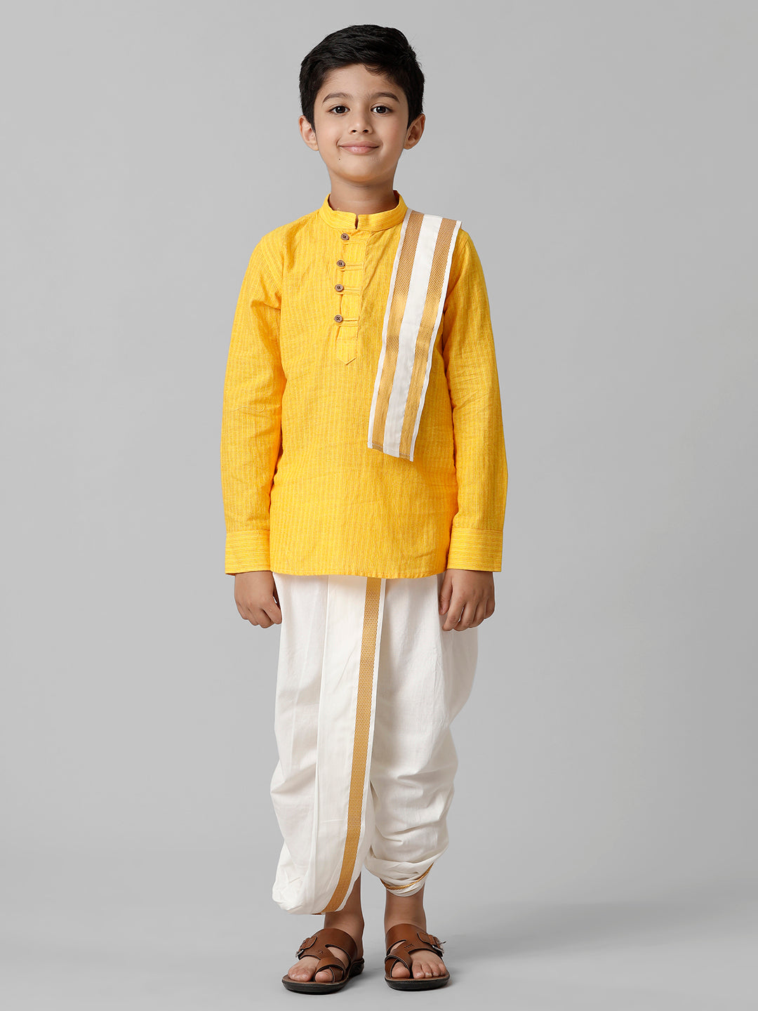 Boys Breeze Cotton Yellow Kurta with Cream Elastic Panchakacham Towel Combo COT7
