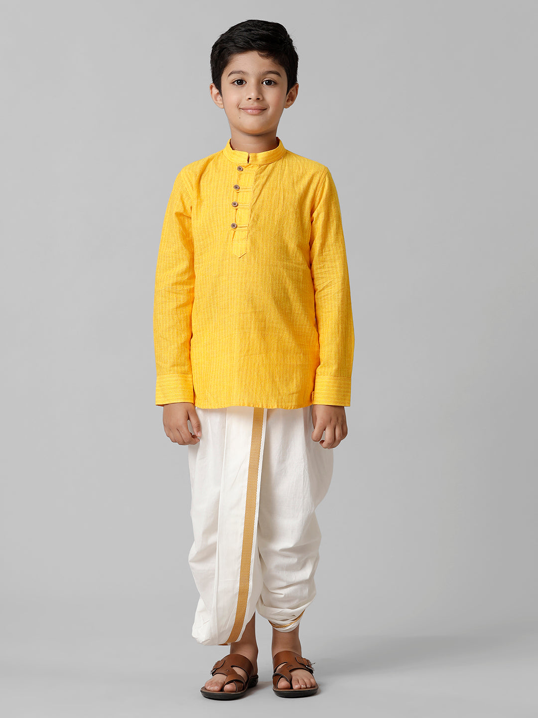 Boys Breeze Cotton Yellow Kurta with Cream Elastic Panchakacham Towel Combo COT7-Front view