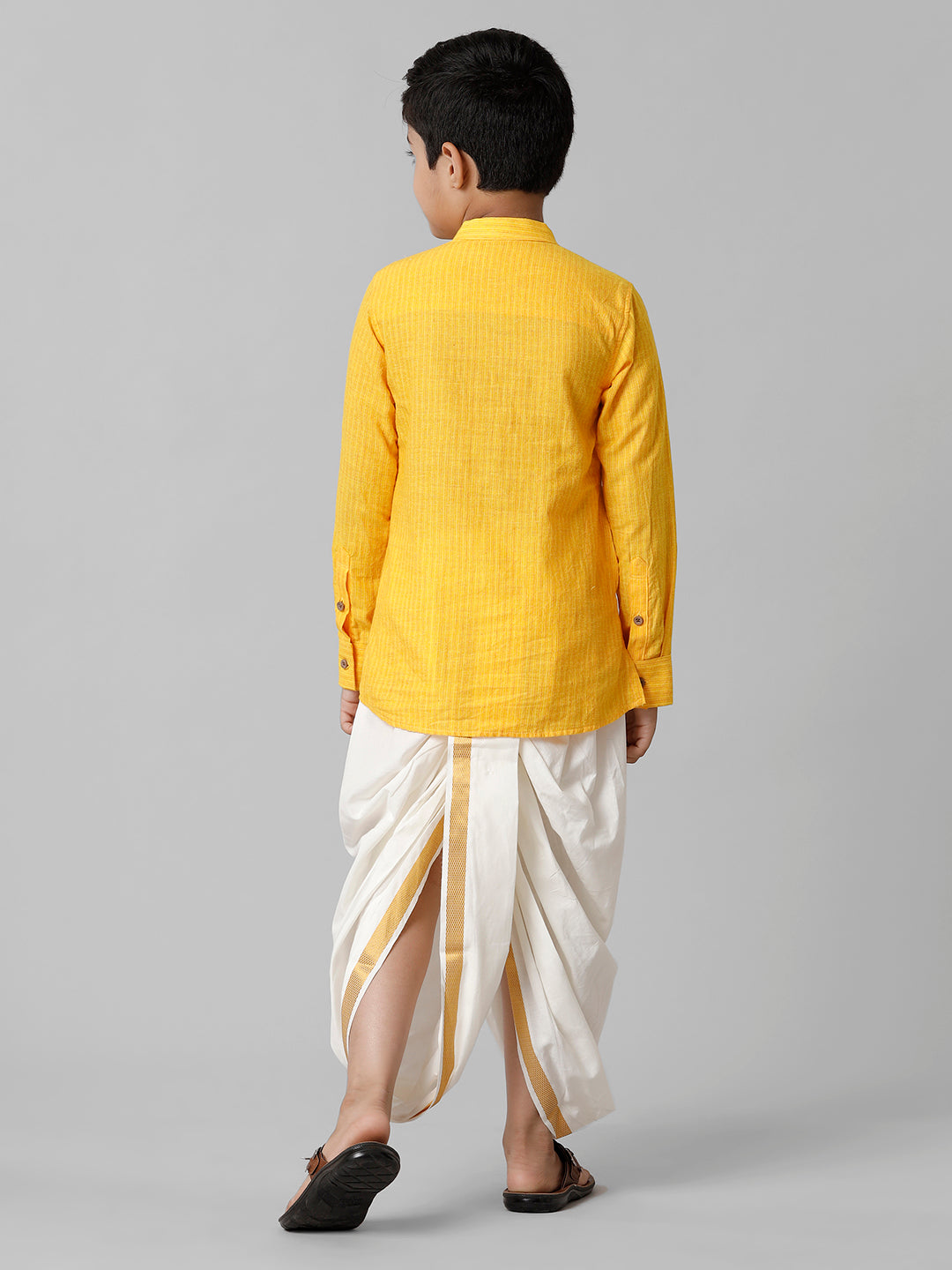 Boys Breeze Cotton Yellow Kurta with Cream Elastic Panchakacham Combo COT7-Back view