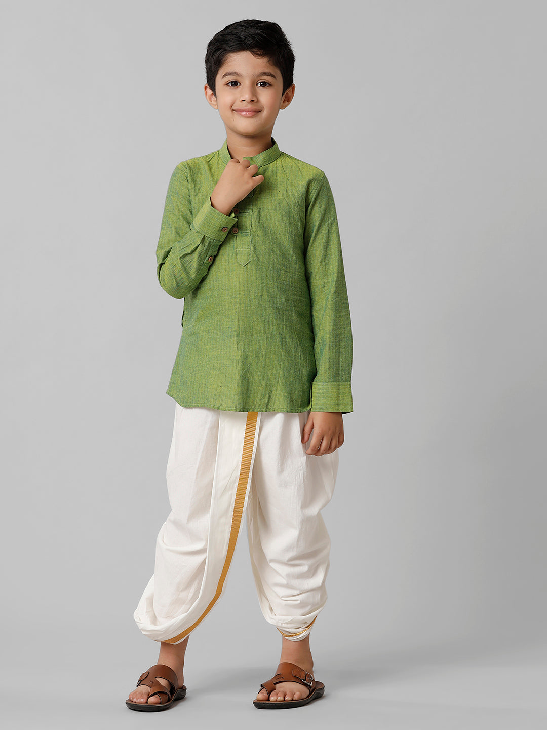 Boys Breeze Cotton Yellowish Green Kurta with Cream Elastic Panchakacham Towel Combo COT3-Front view