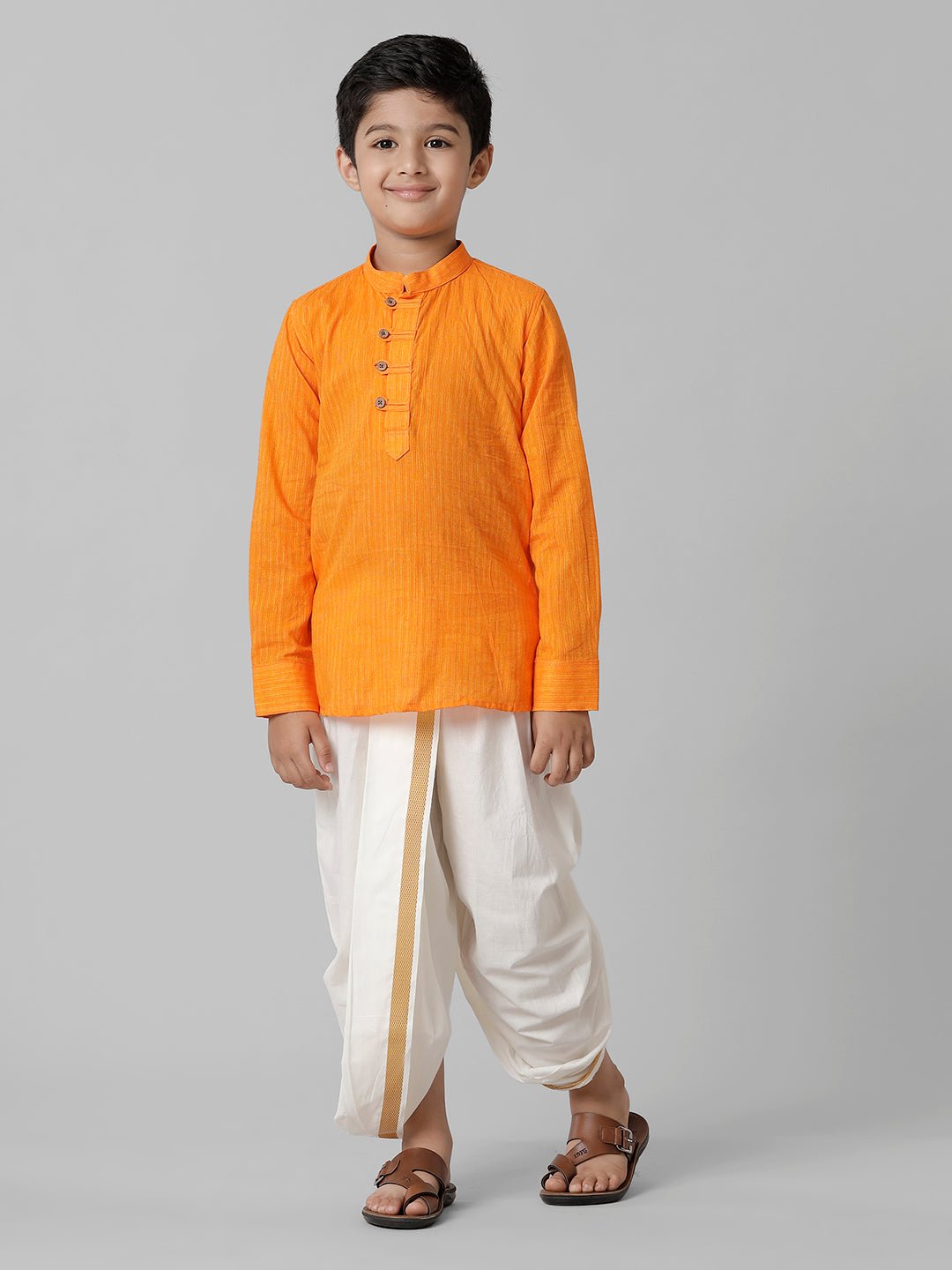 Boys Breeze Cotton Orange Kurta with Cream Elastic Panchakacham Towel Combo COT5-Front view