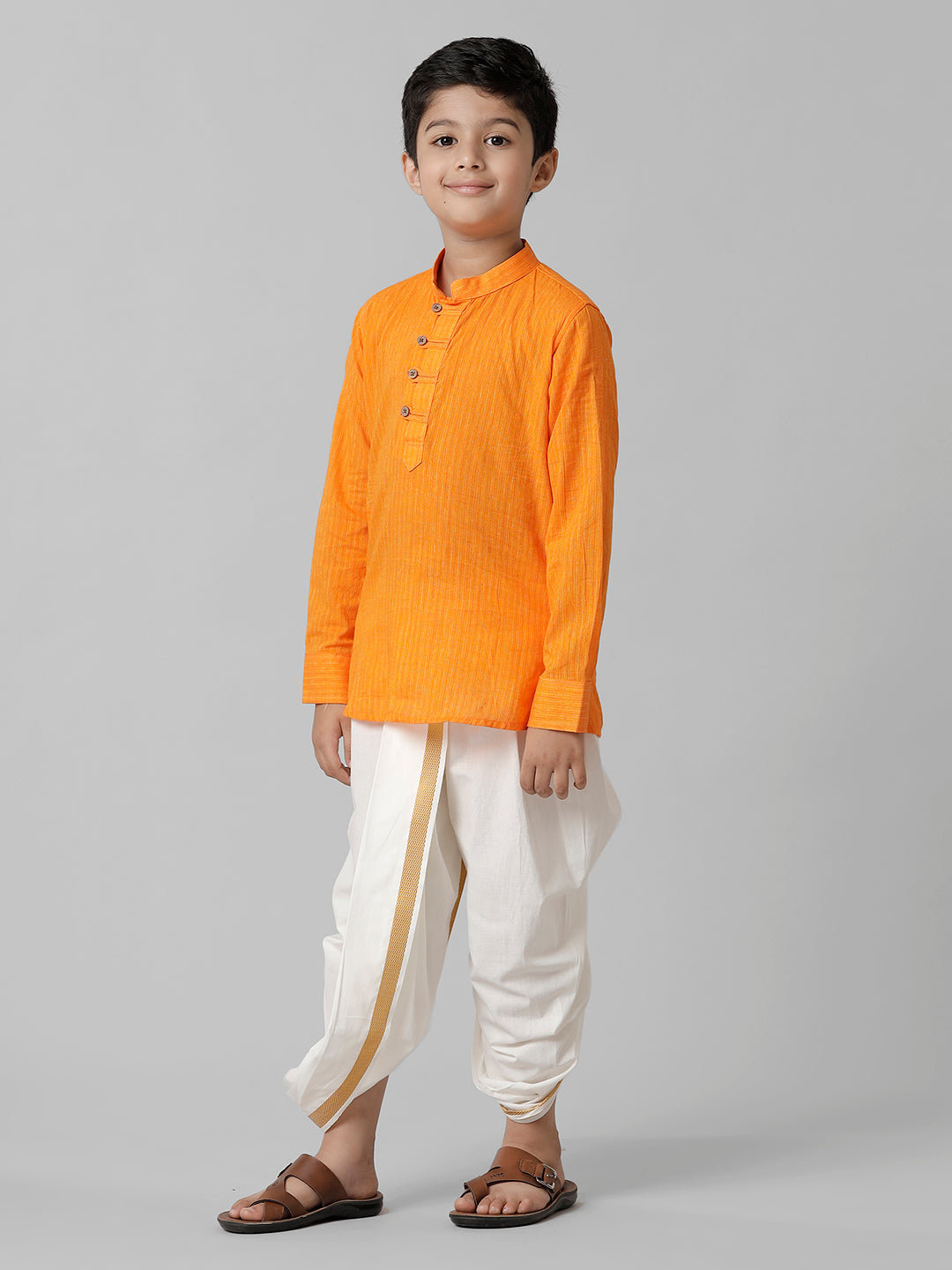 Boys Breeze Cotton Orange Kurta with Cream Elastic Panchakacham Combo COT5-Side view