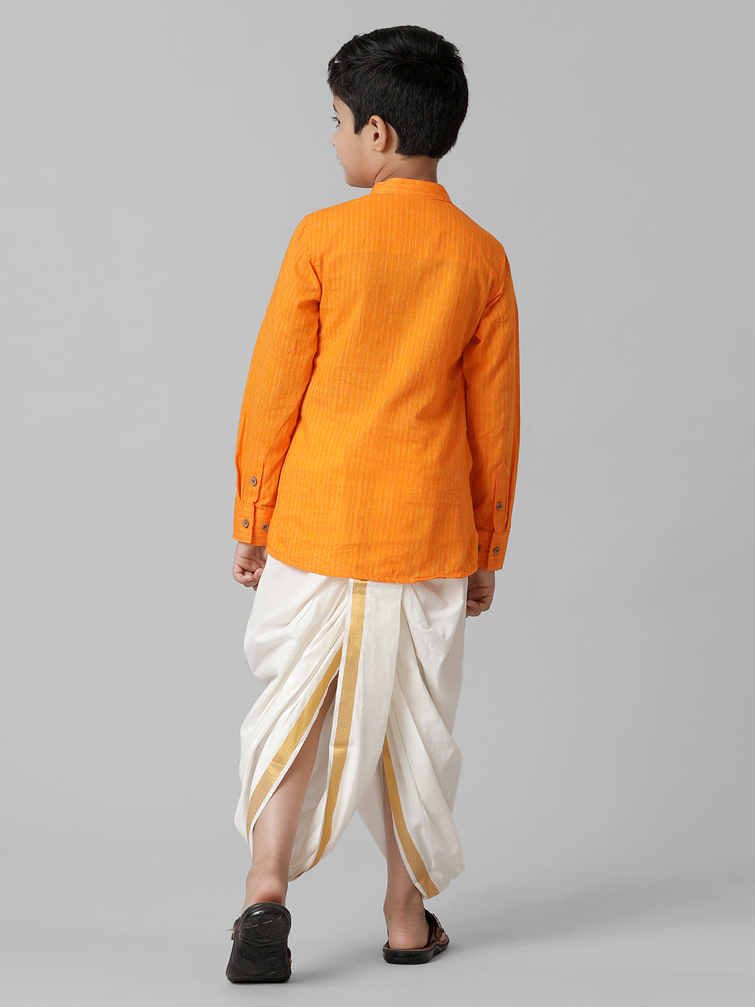 Boys Breeze Cotton Orange Kurta with Cream Elastic Panchakacham Combo COT5-Back view