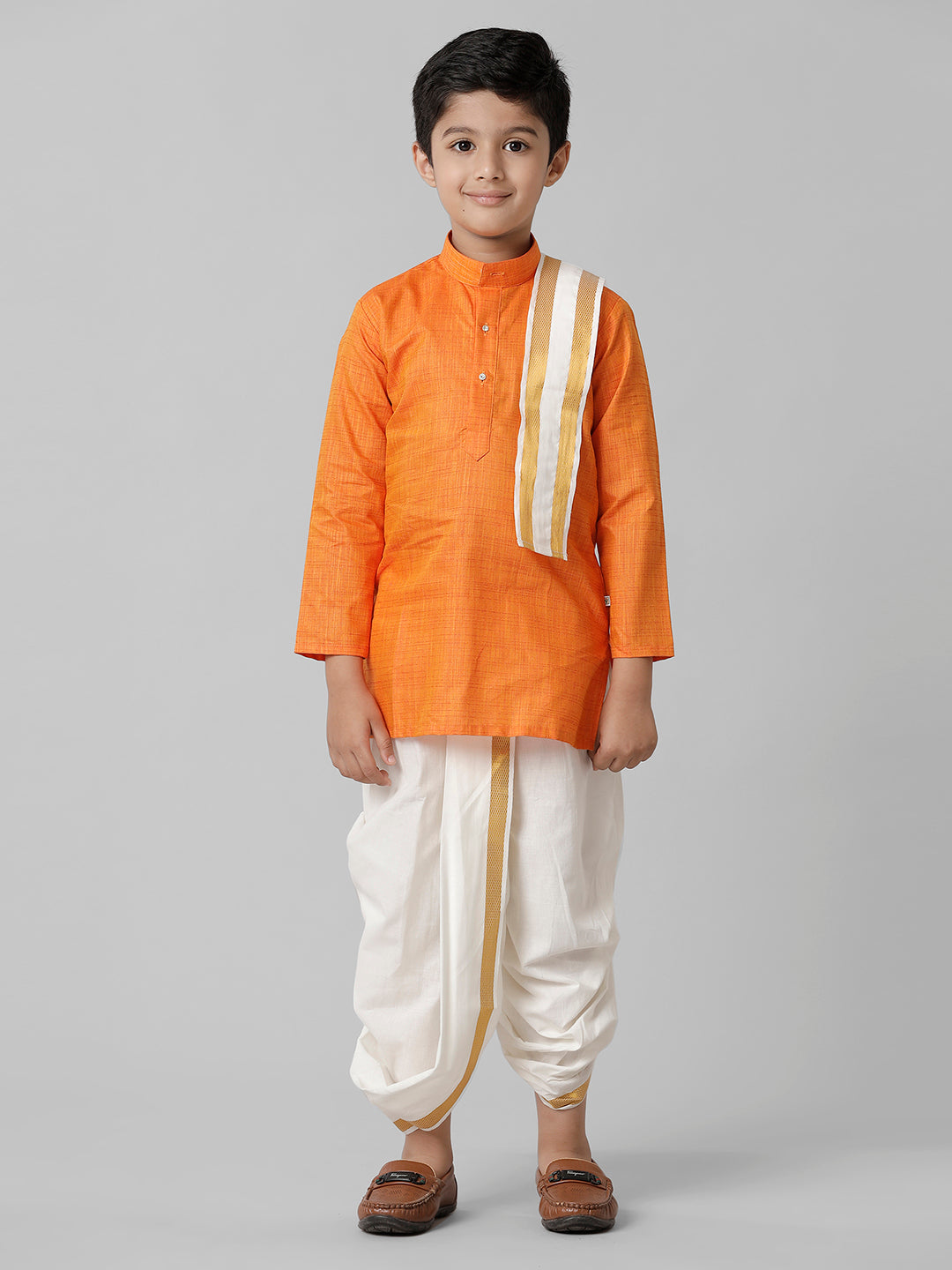 Boys Cotton Orange Kurta with Cream Elastic Panchakacham Towel Combo FS3