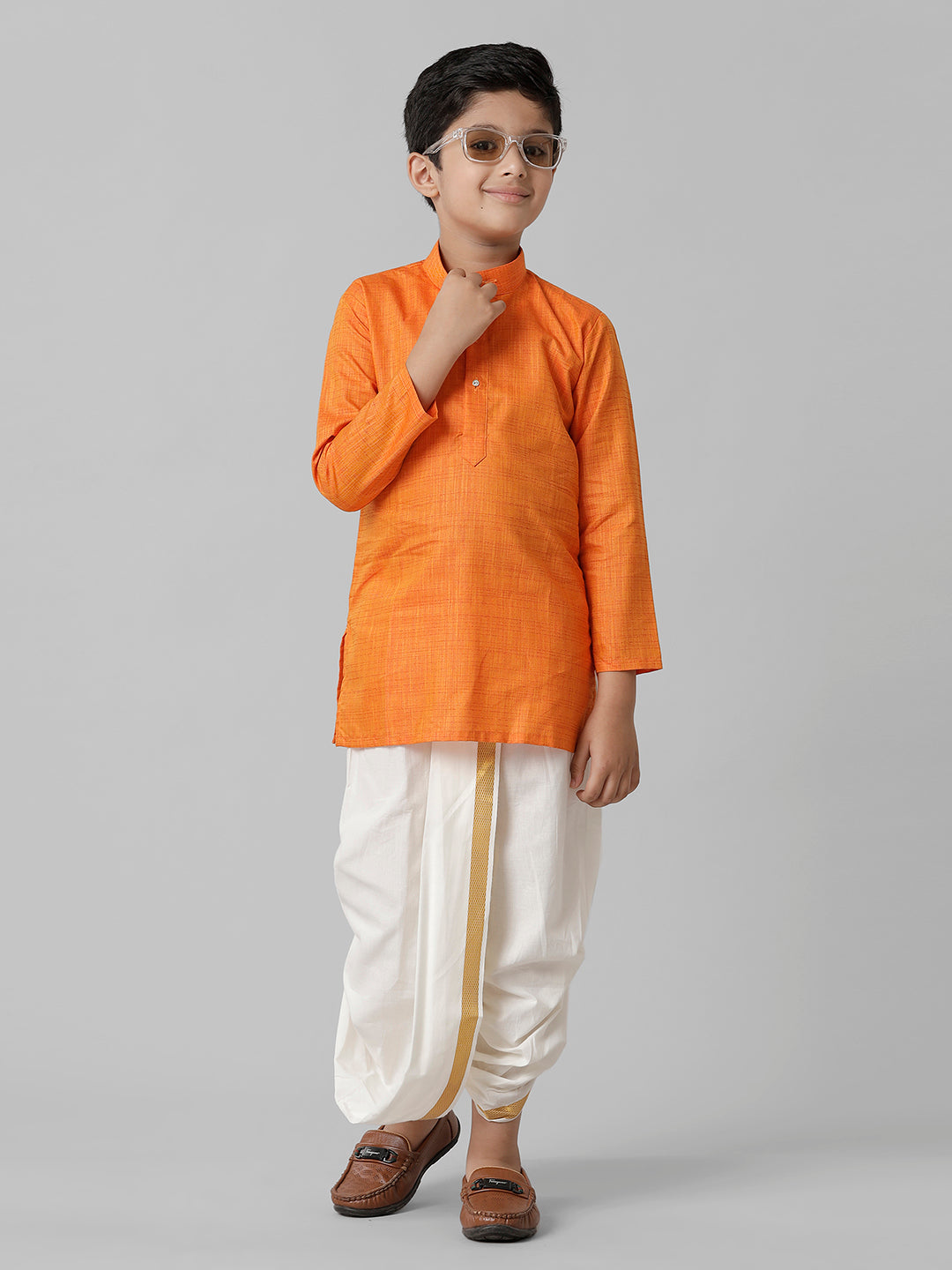 Boys Cotton Orange Kurta with Cream Elastic Panchakacham Towel Combo FS3-Front view