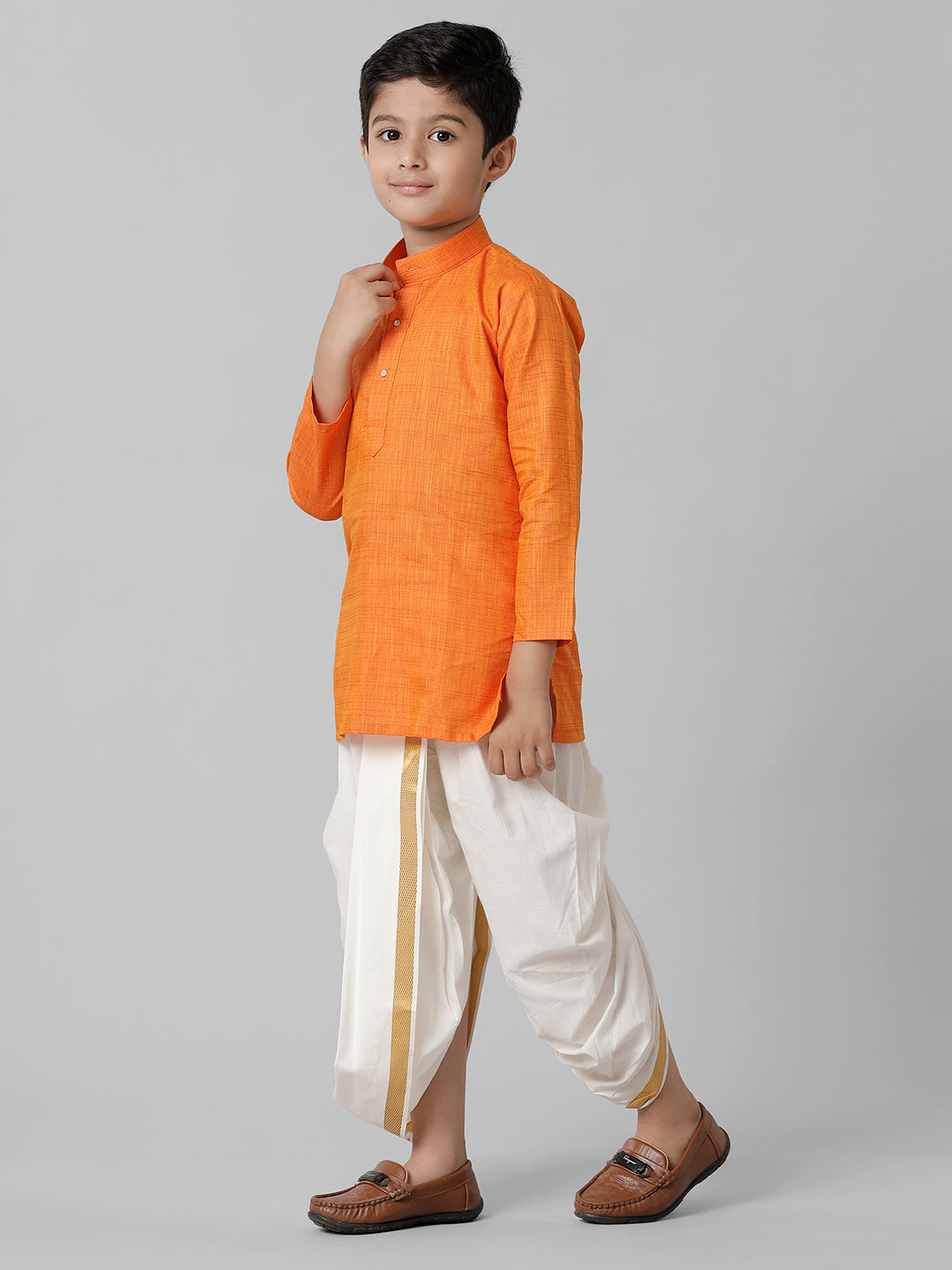 Boys Cotton Orange Kurta with Cream Elastic Panchakacham Combo FS3-Side view