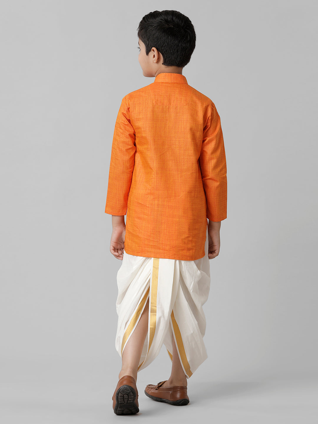 Boys Cotton Orange Kurta with Cream Elastic Panchakacham Combo FS3-Back view