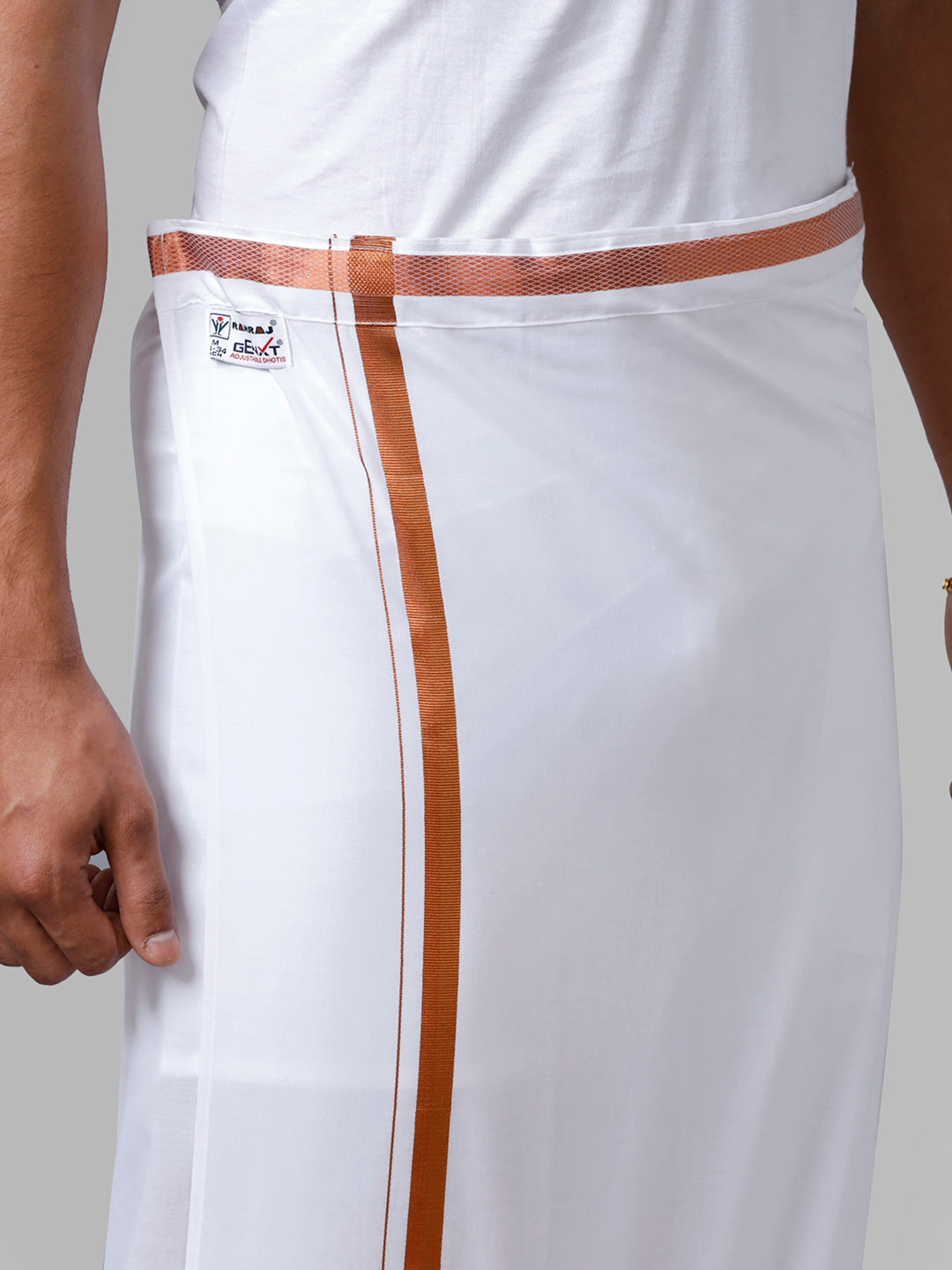 Mens Adjustable Double Dhoti White with 3/4" Copper Jari 248-Ad vert