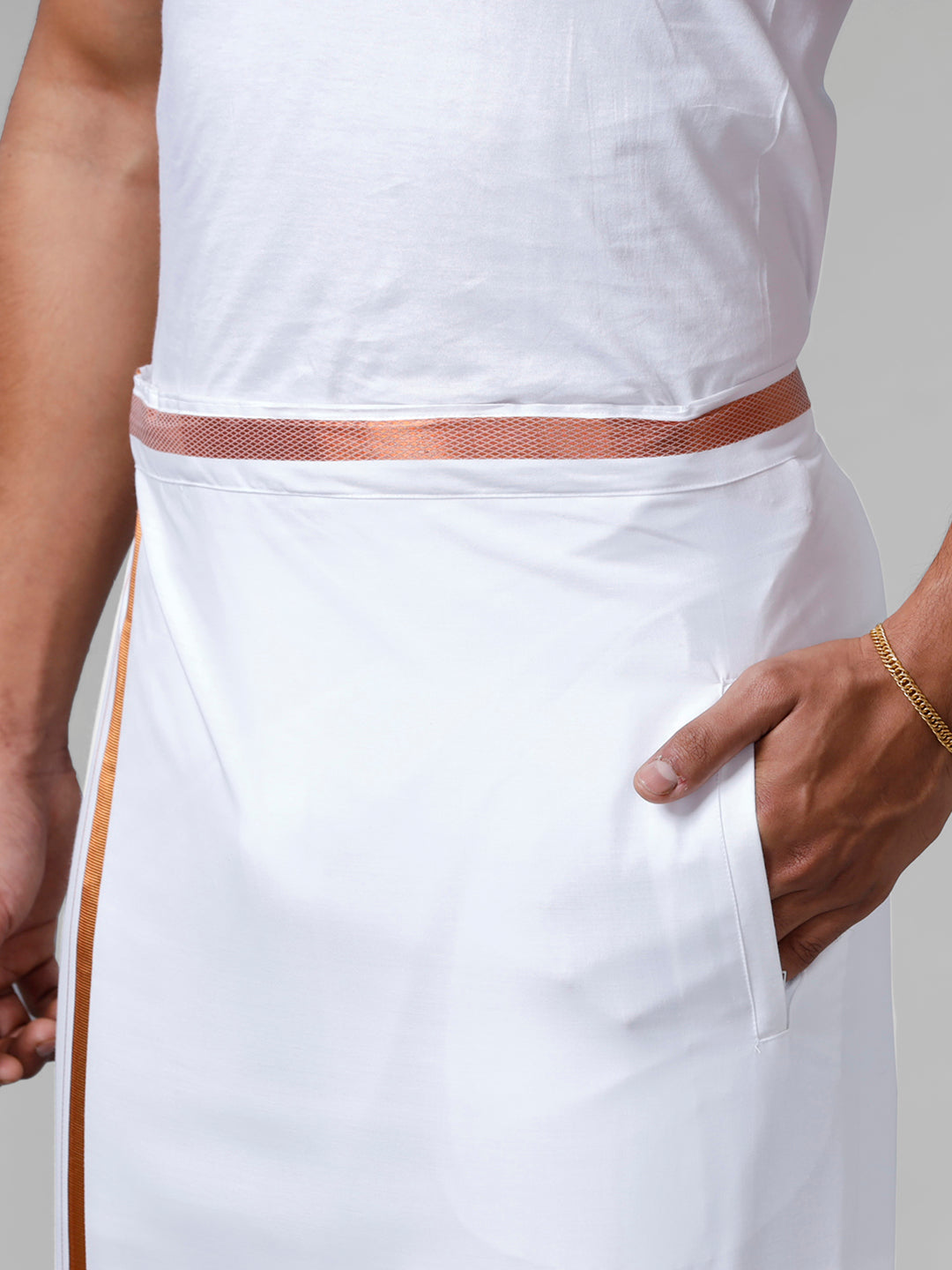 Mens Adjustable Double Dhoti White with 3/4" Copper Jari 248-Bottomview