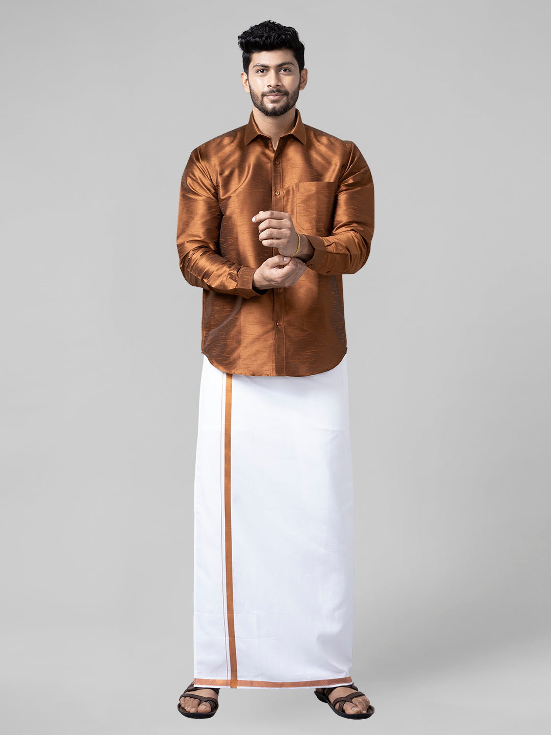 Mens Adjustable Double Dhoti White with 3/4" Copper Jari 248-Full view