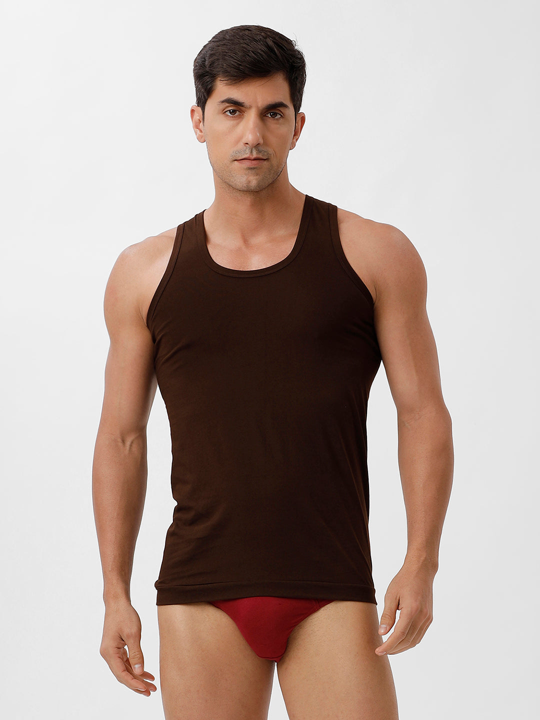 Men Brown Vest and Cherry Outer Elastic Brief Combo