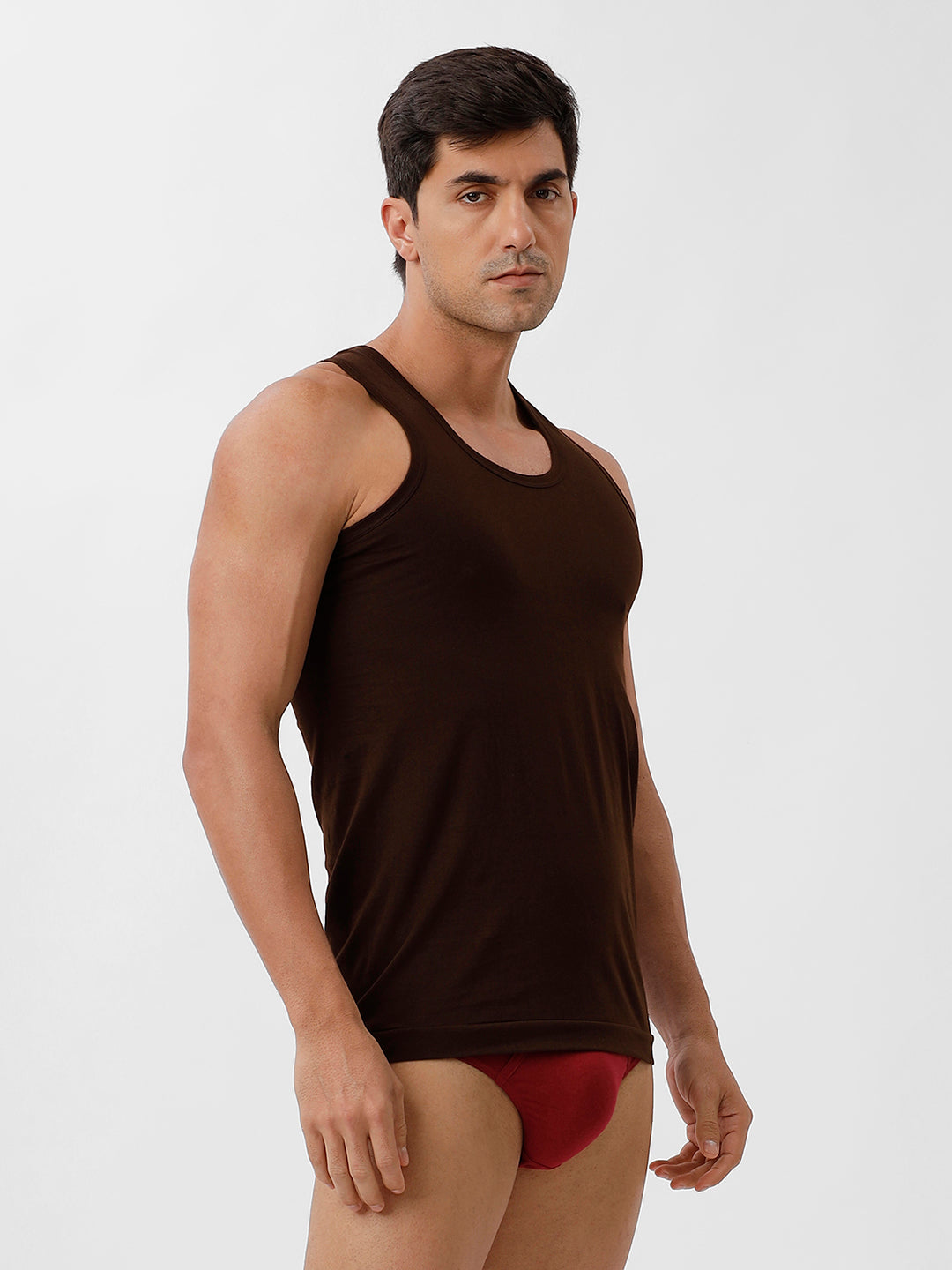 Men Brown Vest and Cherry Outer Elastic Brief Combo