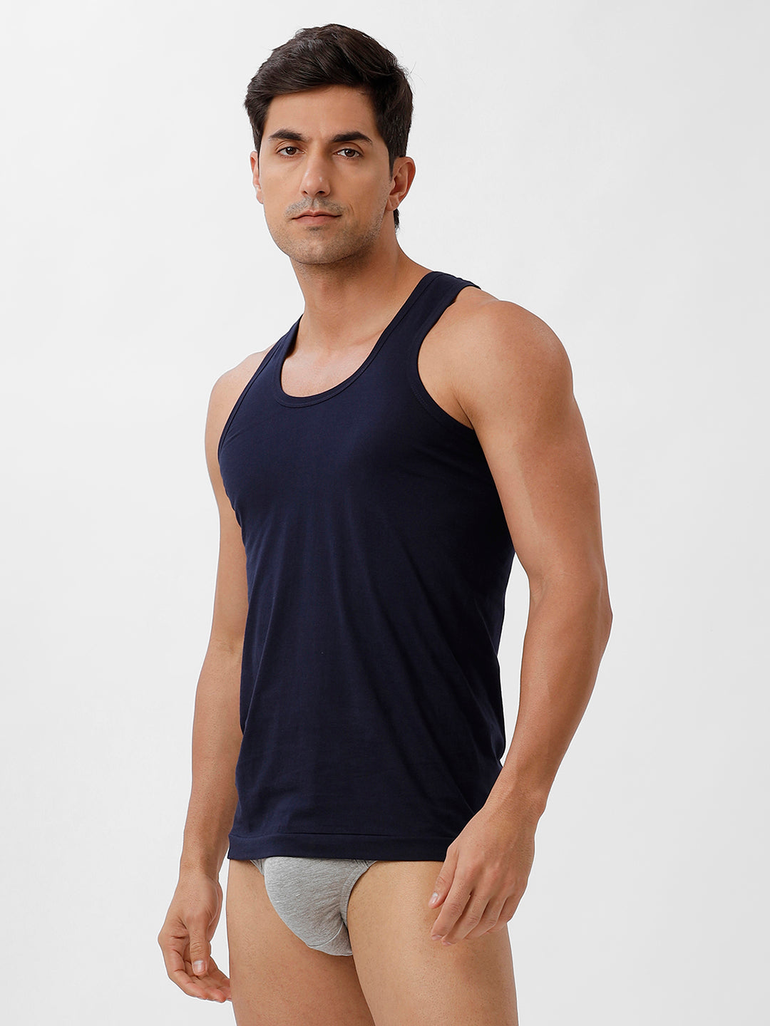 Men Navy Vest & Grey Melange Outer Elastic Brief Combo