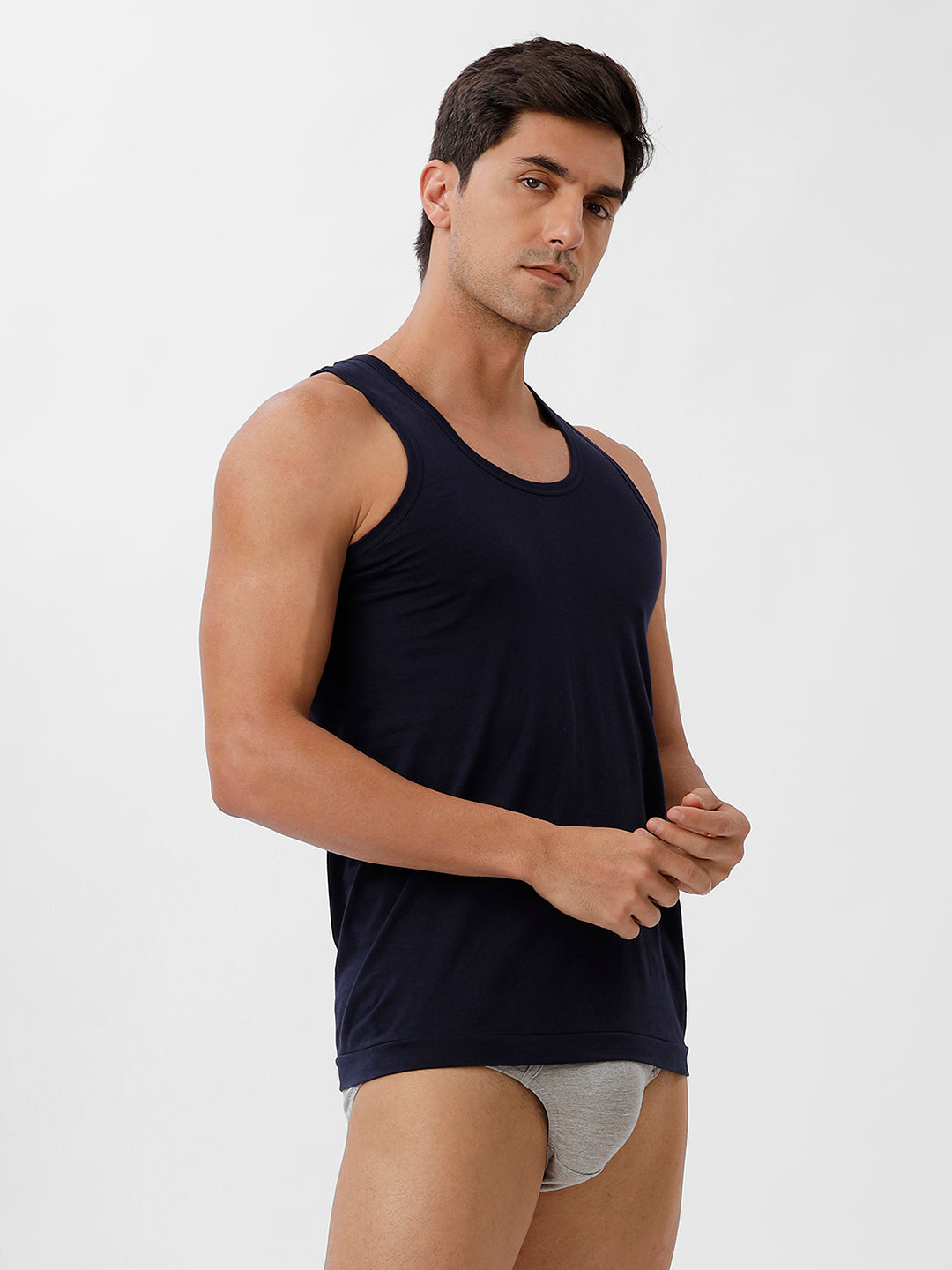 Men Navy Vest & Grey Melange Outer Elastic Brief Combo