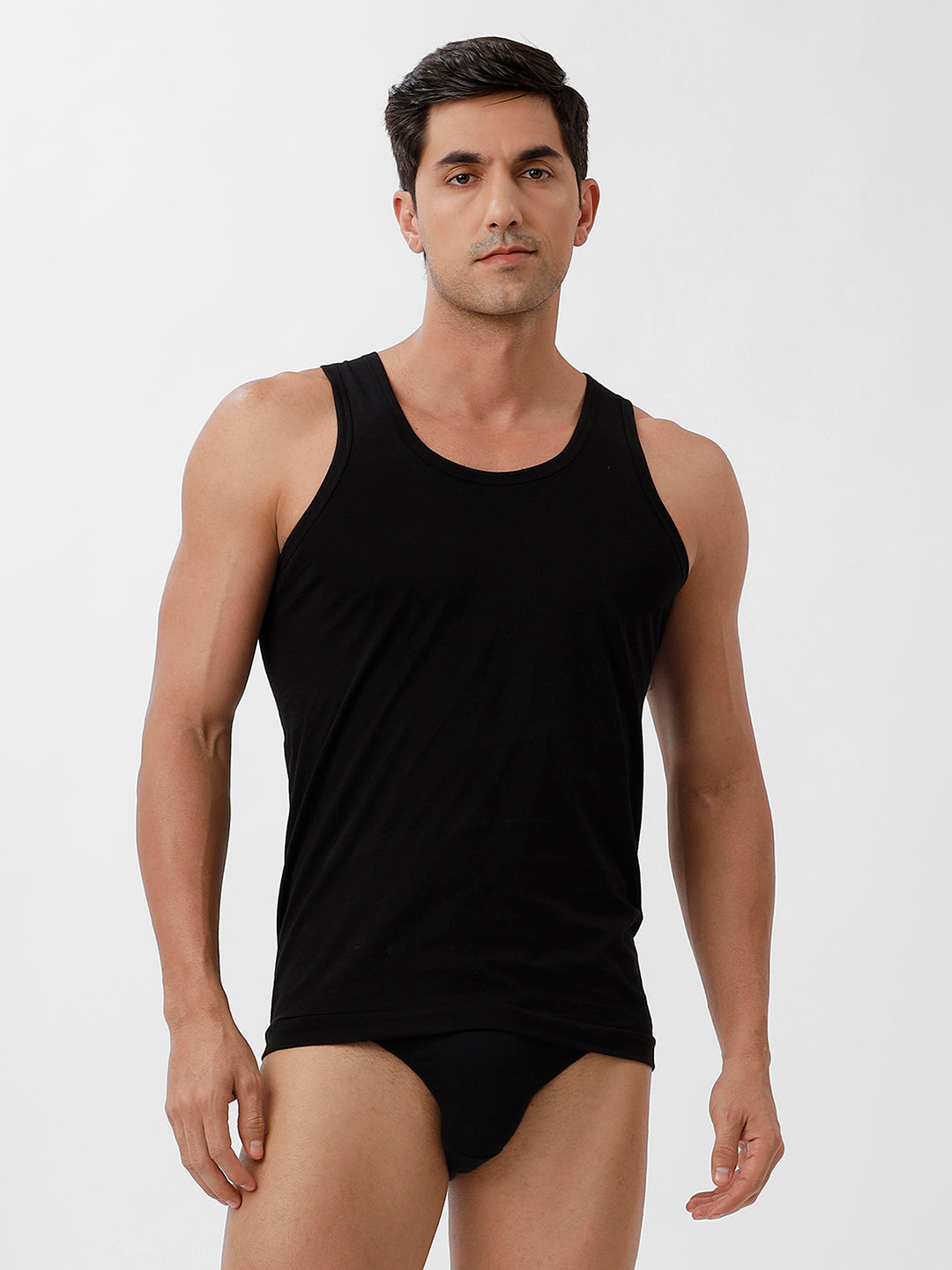 Men Vest & Inner Elastic Brief Combo Black