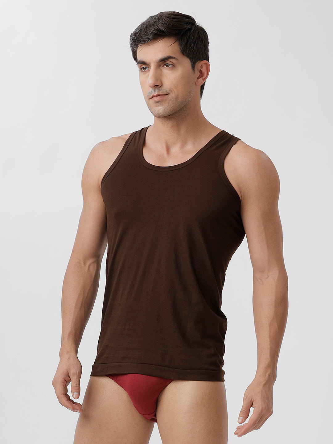 Men Brown Vest & Cherry Inner Elastic Brief Combo