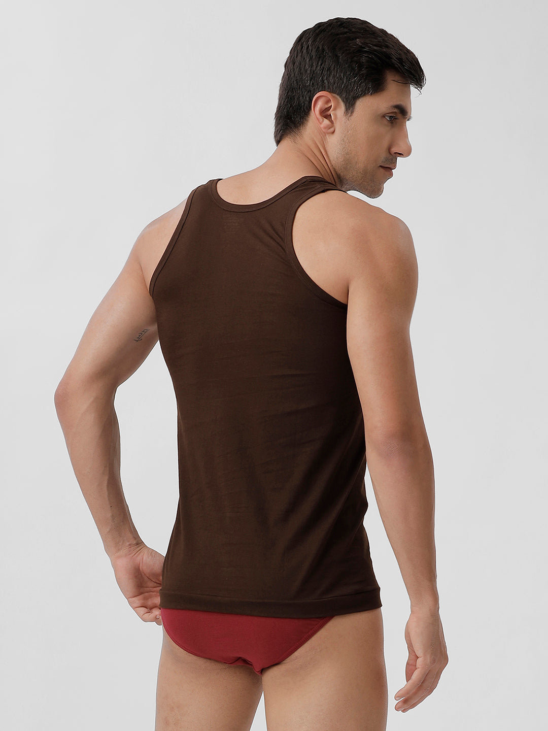 Men Brown Vest & Cherry Inner Elastic Brief Combo