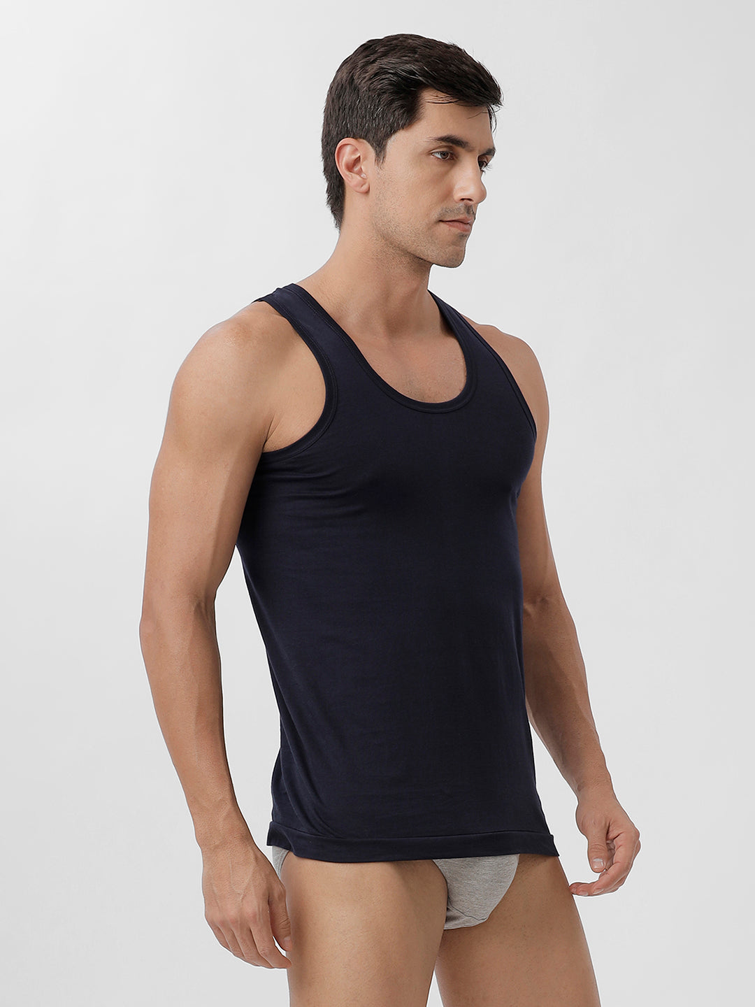 Men Navy Vest & GreyMelange Inner Elastic Brief Combo