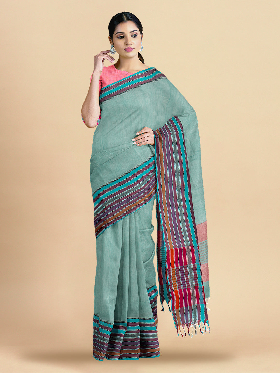 Womens Pure Cotton Plain Blue with Multicolour Border Saree PCS15