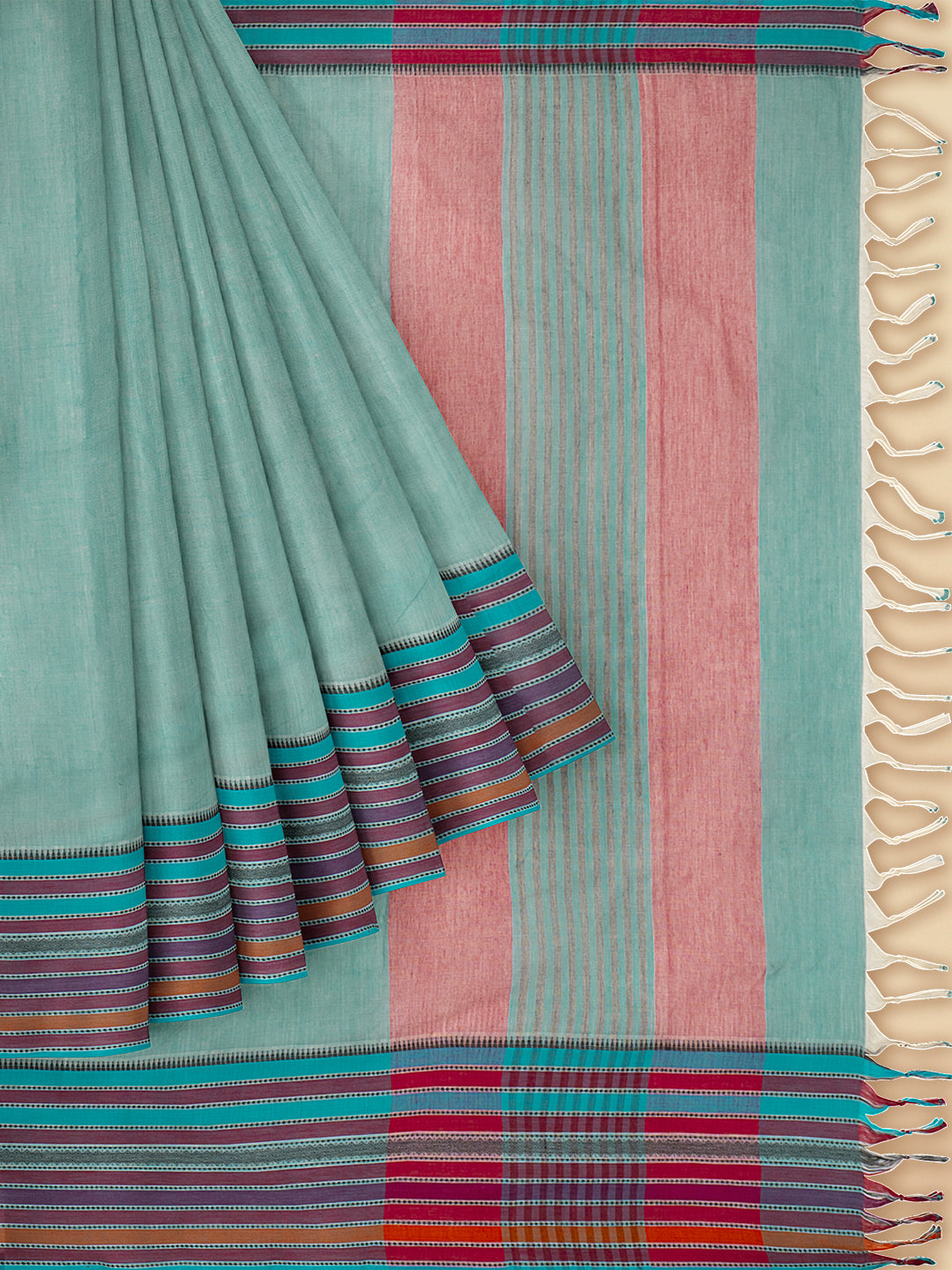 Womens Pure Cotton Plain Blue with Multicolour Border Saree PCS15