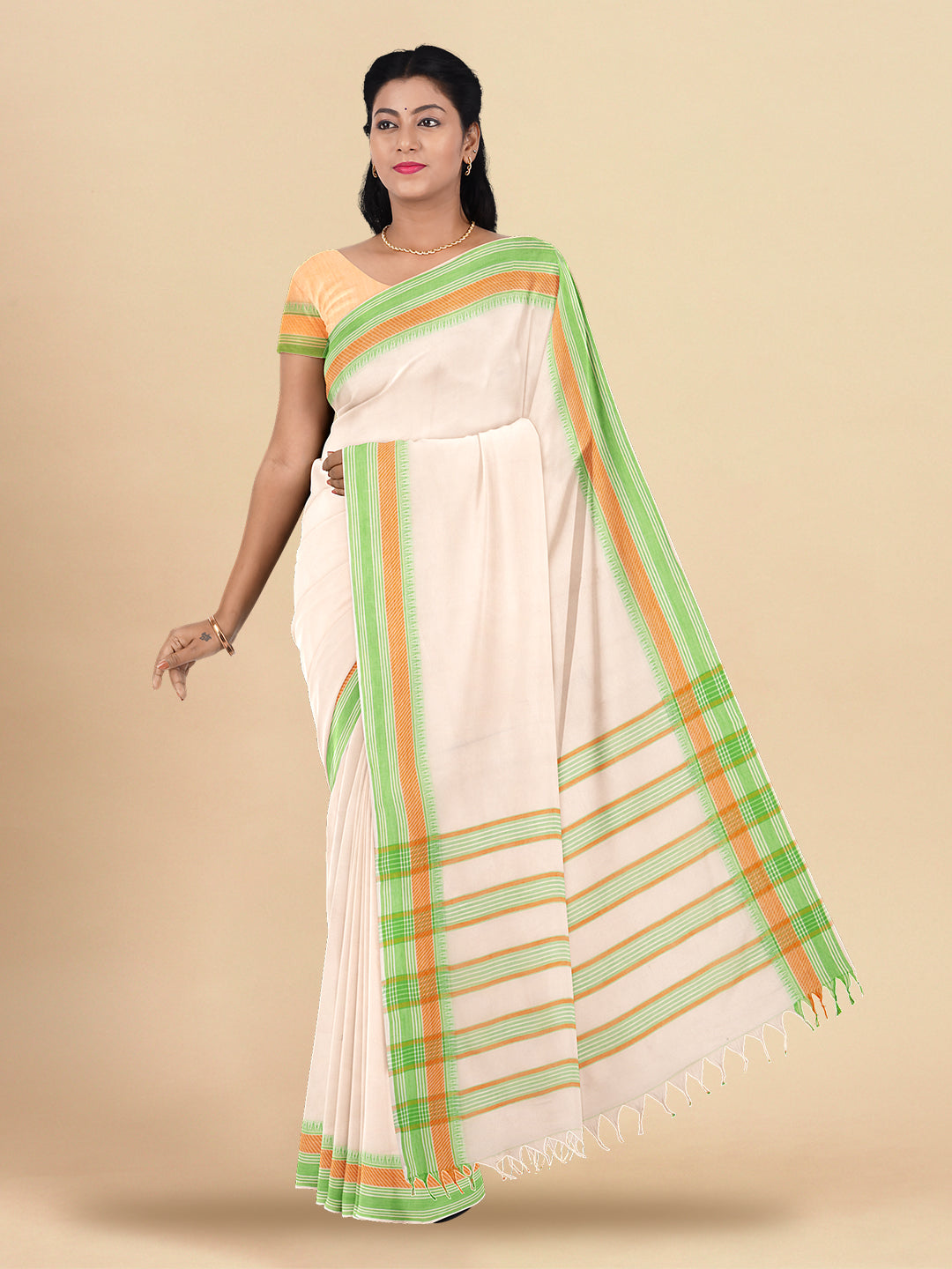 Womens Pure Cotton Plain Off White with Green Colour Border Saree PCS17
