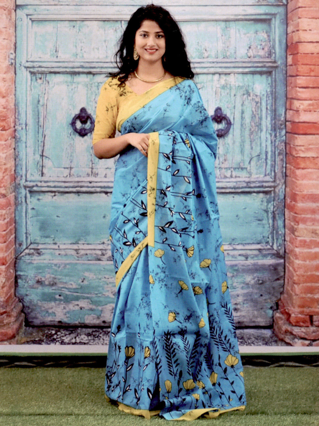Womens Gorgeous Blue with Yellow Colour All over Printed Pure Cotton Saree PCS33