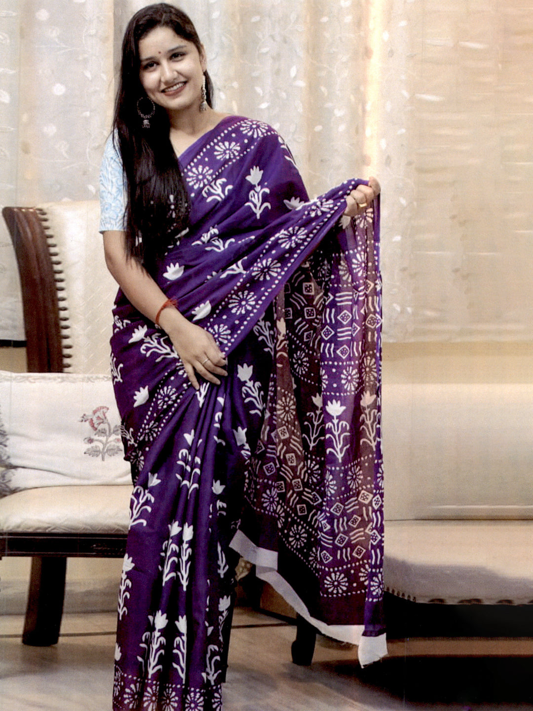 Womens Gorgeous Purple Colour All over Printed Pure Cotton Saree PCS50