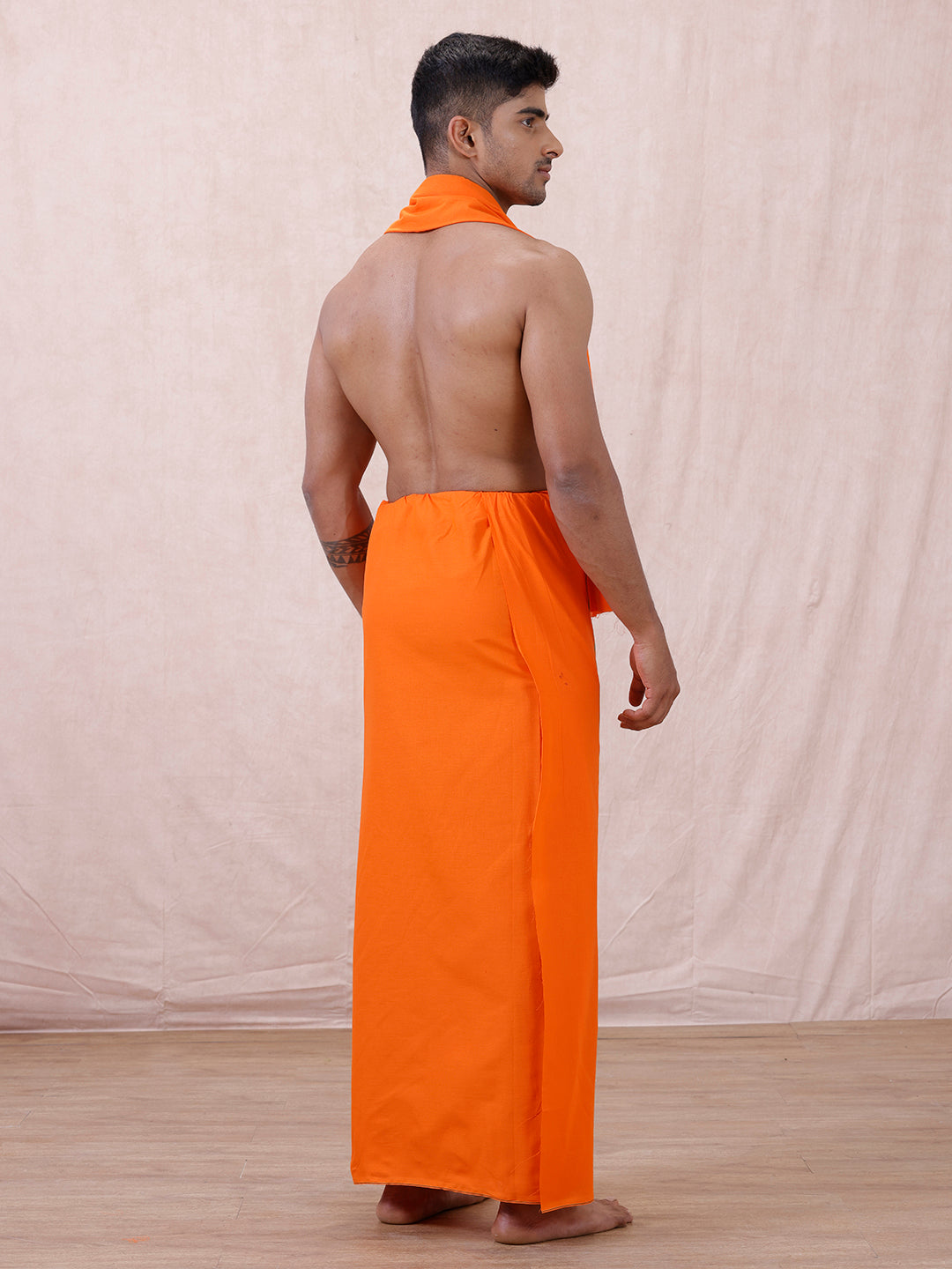 Men Cotton Blend Single Layer Orange Dhoti & Towel Set with Small Border Poojan SB