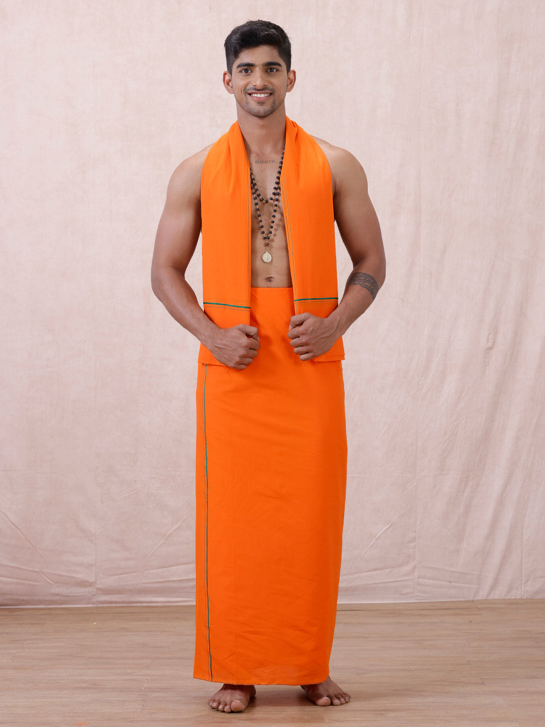 Men Cotton Blend Single Layer Orange Dhoti & Towel Set with Small Border Poojan SB
