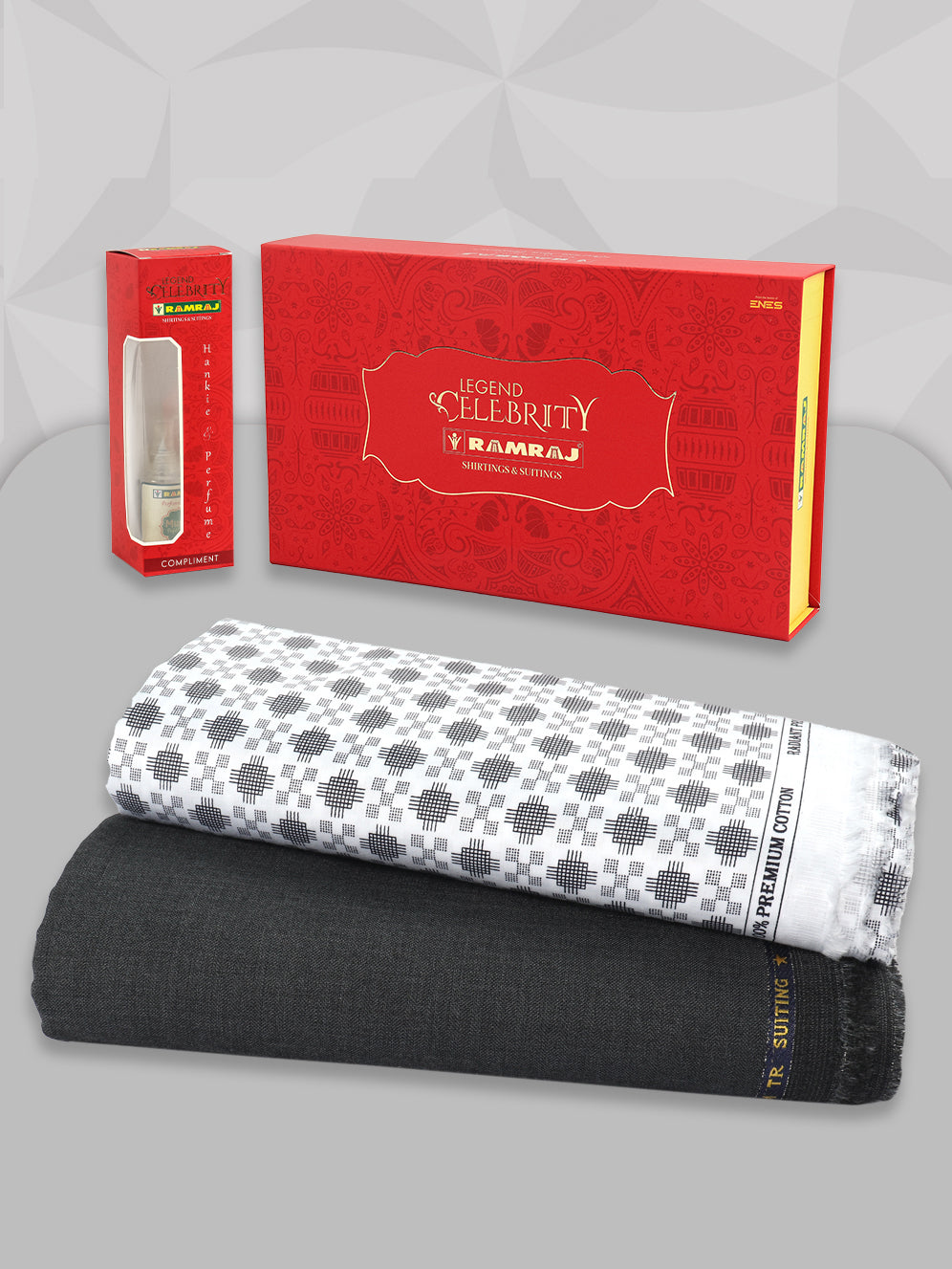 Men 100% Premium Cotton Printed White Shirting & Dark Grey Suiting Gift Box LC15
