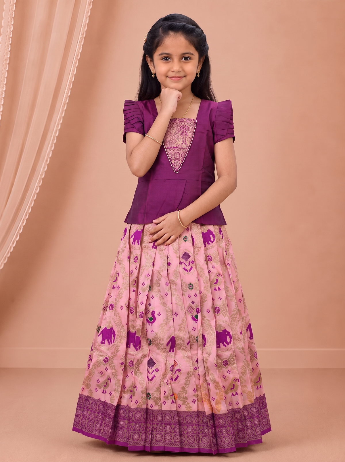Girls Art Silk Purple Pattu Pavadai Set GPS73