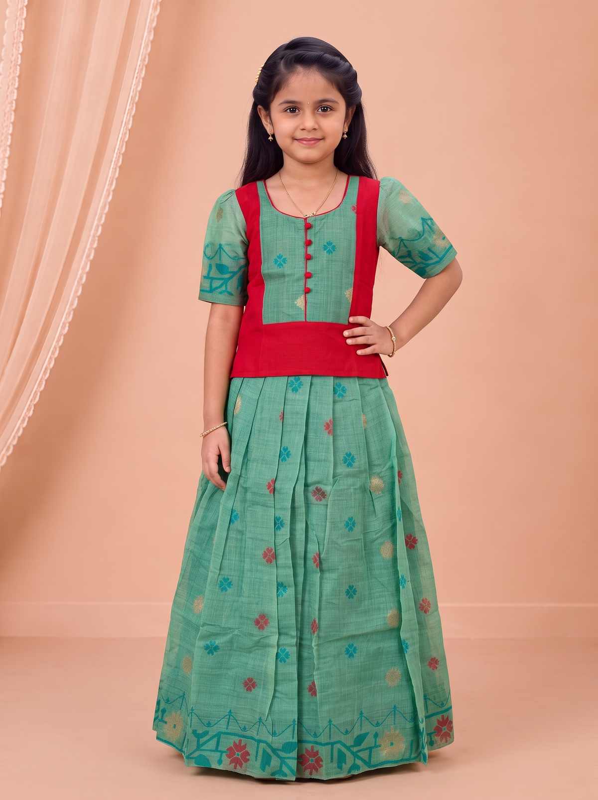 Girls Cotton Green Purple Pavadai Set GPS72