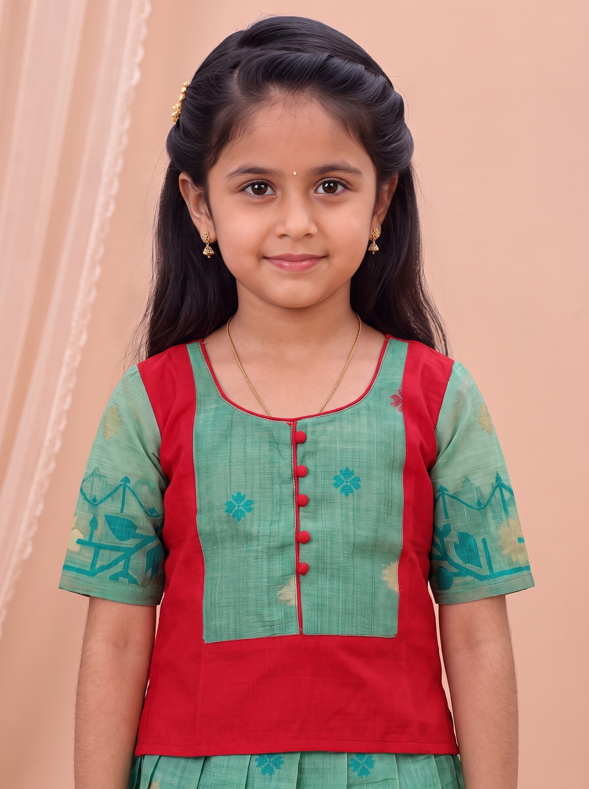 Girls Cotton Green Purple Pavadai Set GPS72
