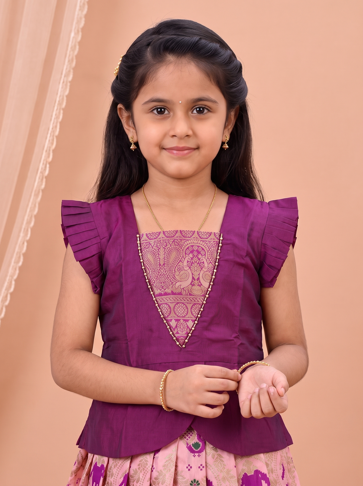Girls Art Silk Purple Pattu Pavadai Set GPS73