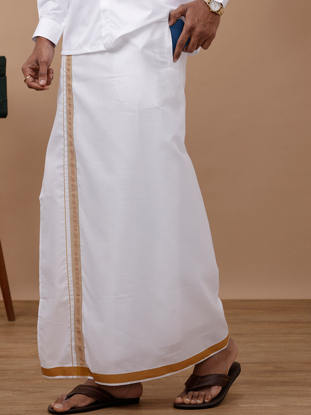 Men Mustard Adjustable Pocket Dhoti with Jari Border GACJ02