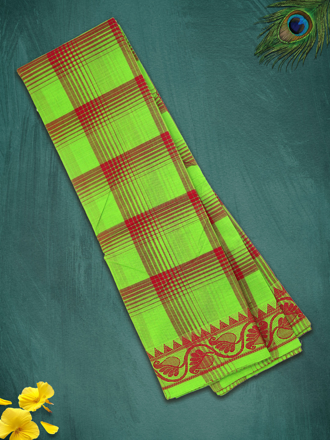 Women Parrot Green Checks Pure Chettinad Cotton Saree PCS232