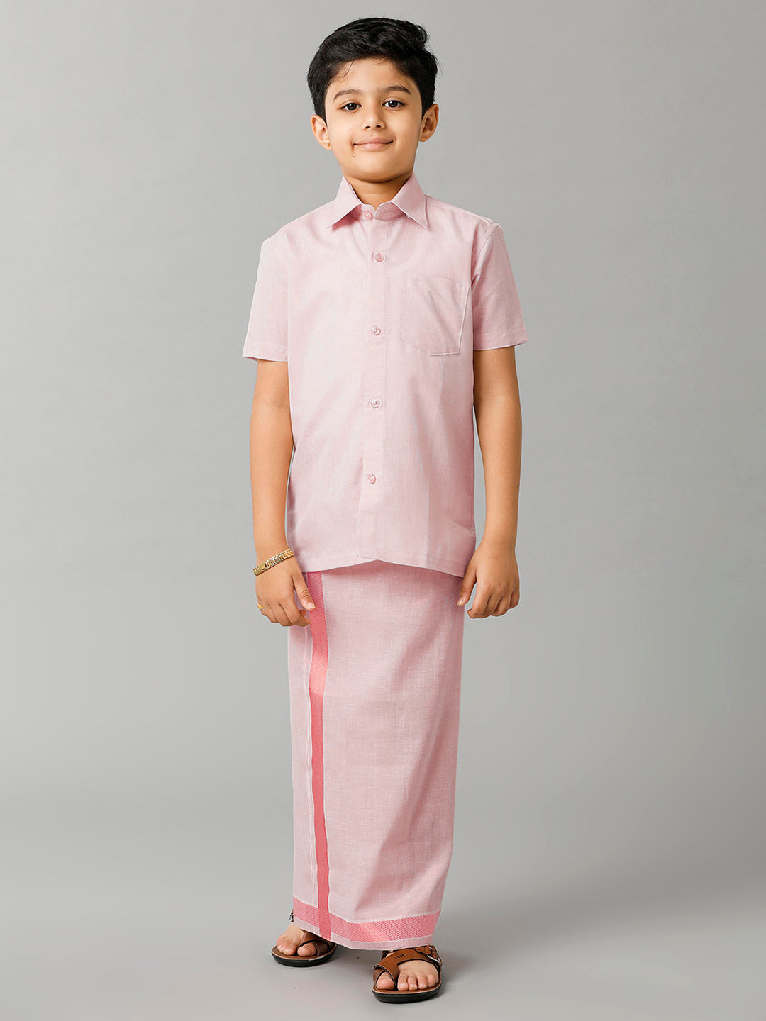 Boys Tissue Jari Half Sleeve Shirt Dhoti Set Sankalpam Rose Gold