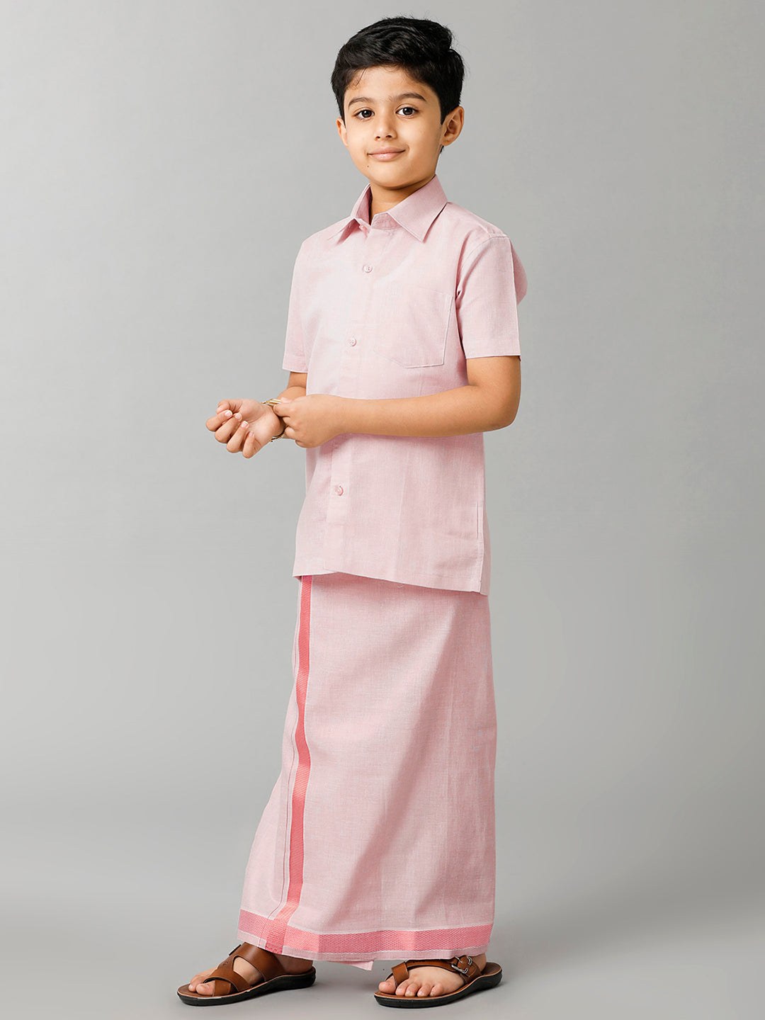 Boys Tissue Jari Half Sleeve Shirt Dhoti Set Sankalpam Rose Gold