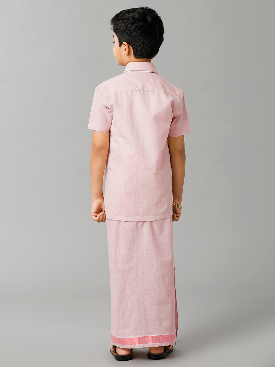 Boys Tissue Jari Half Sleeve Shirt Dhoti Set Sankalpam Rose Gold
