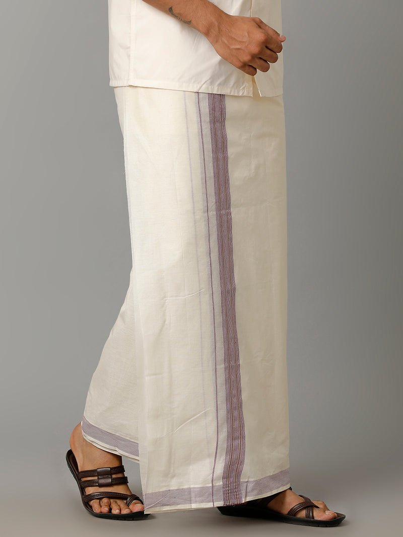 Mens Kora Cream Double Dhoti with Violet Gold Fancy Jari Border Excel