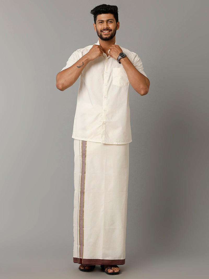 Mens Kora Cream Double Dhoti with Maroon & Gold Fancy Jari Border Mountain