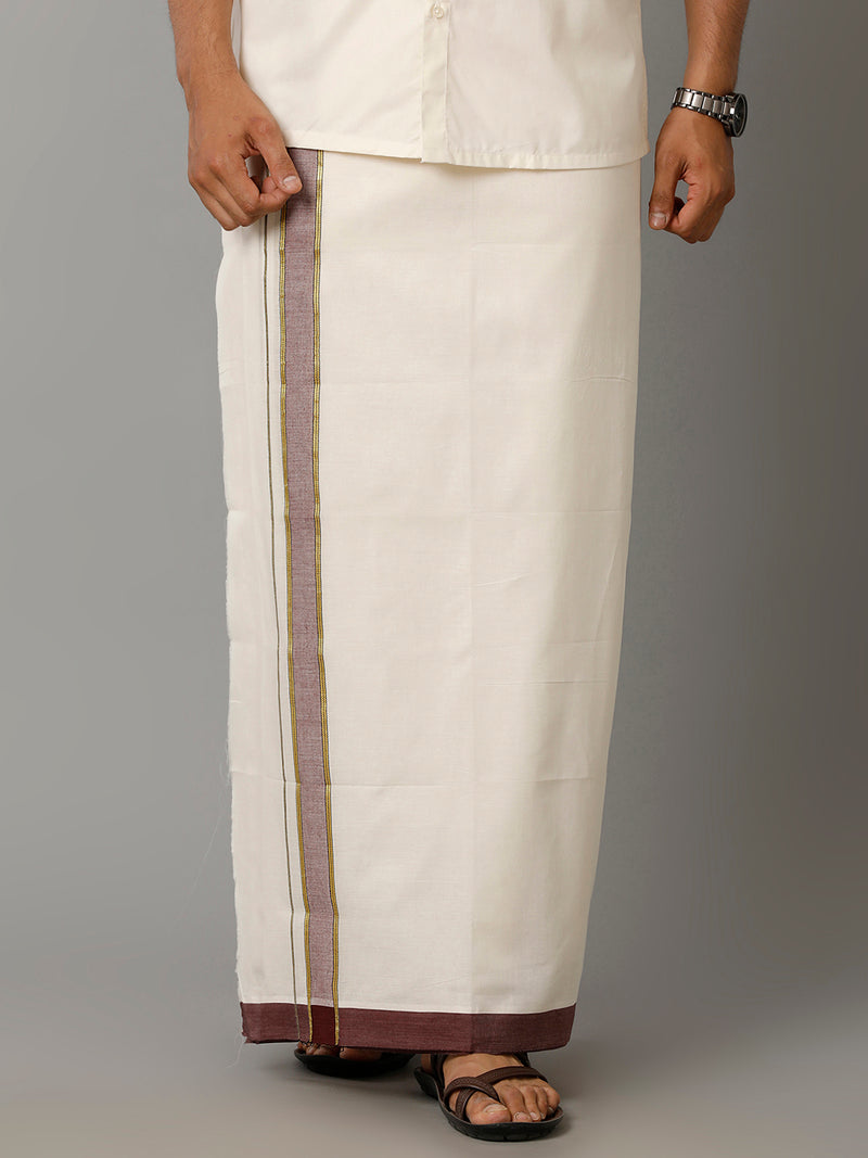 Mens Kora Cream Double Dhoti with Maroon & Gold Fancy Jari Border Mountain