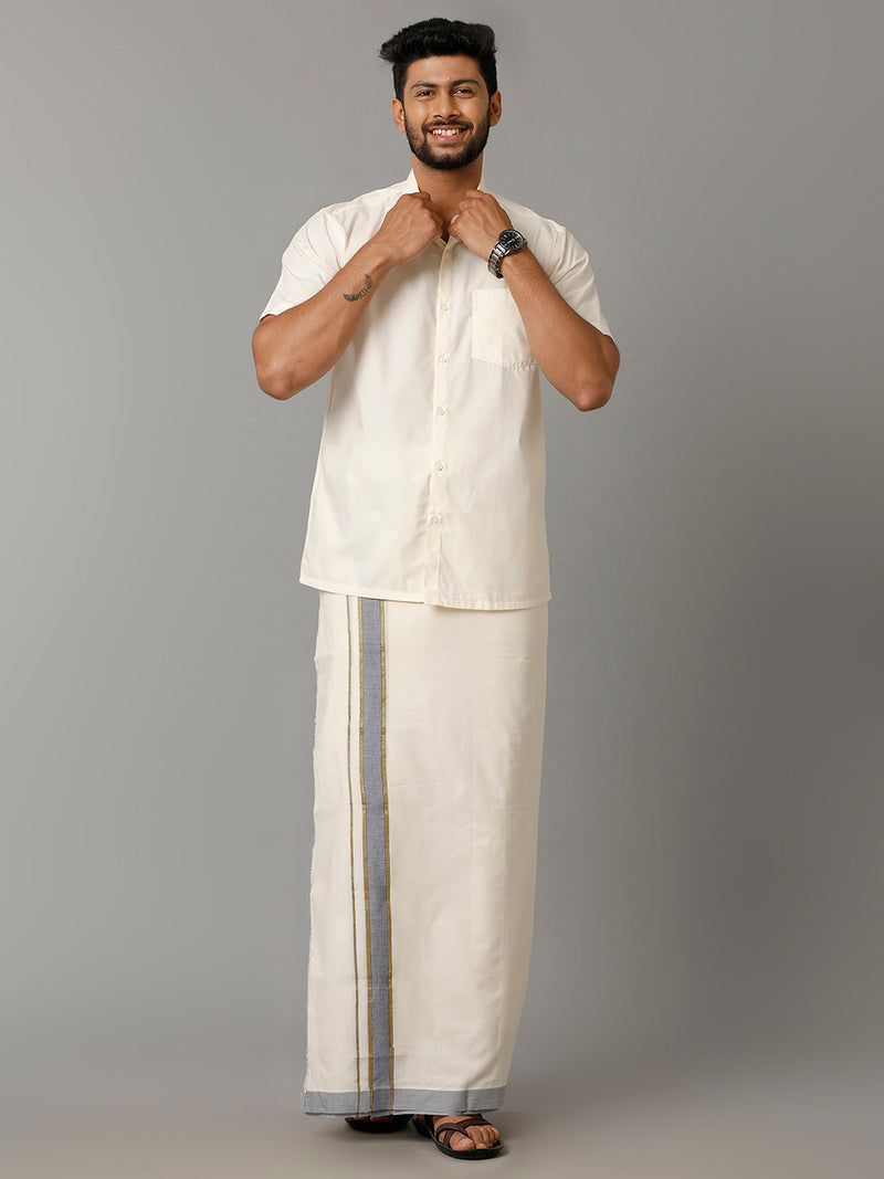 Mens Kora Cream Double Dhoti with Navy & Gold Fancy Jari Border Mountain