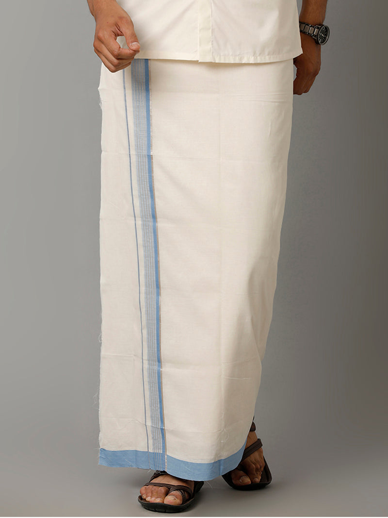 Mens Kora Cream Double Dhoti with SkyBlue & Silver Fancy Jari Border Mountain