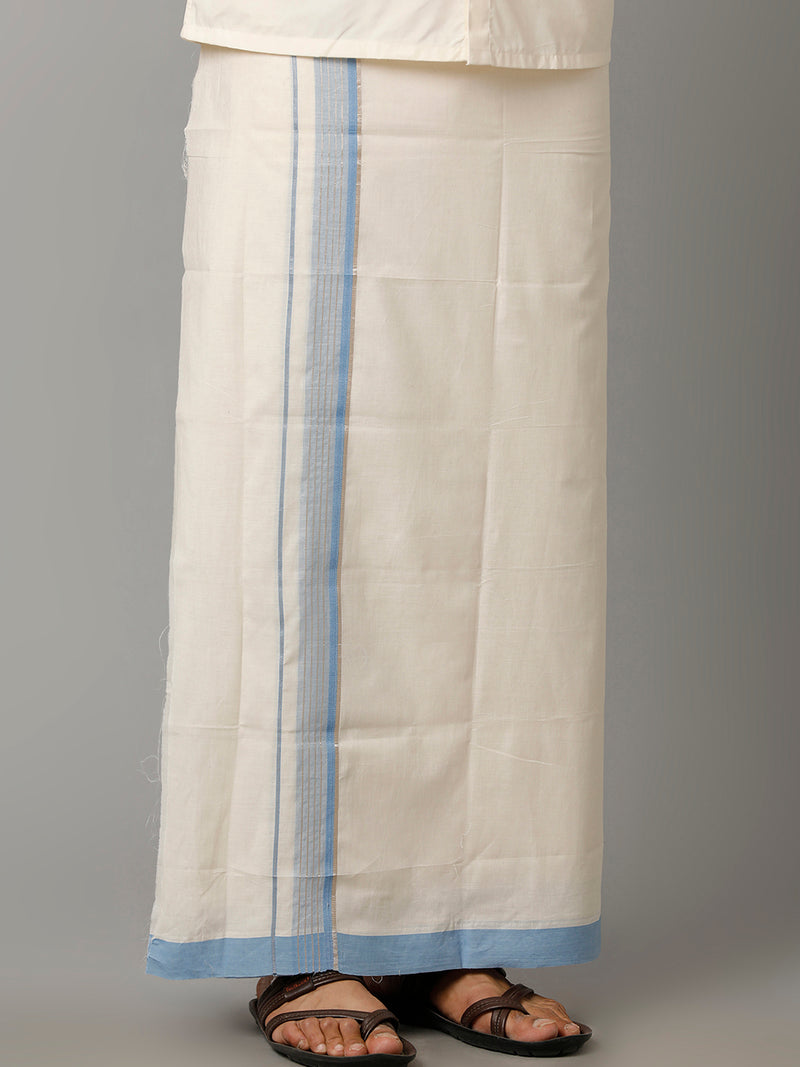 Mens Kora Cream Double Dhoti with SkyBlue & Silver Fancy Jari Border Mountain