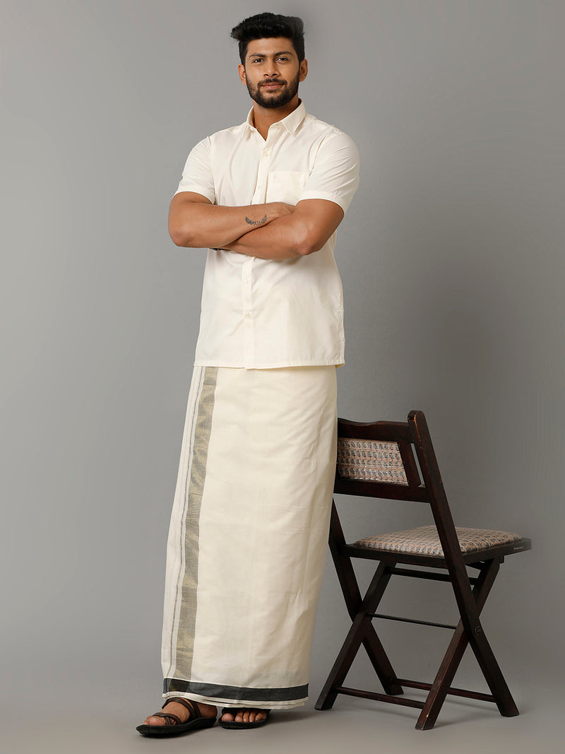 Mens Kora Cream Double Dhoti with Grey Mixed Gold Jari Border Excel