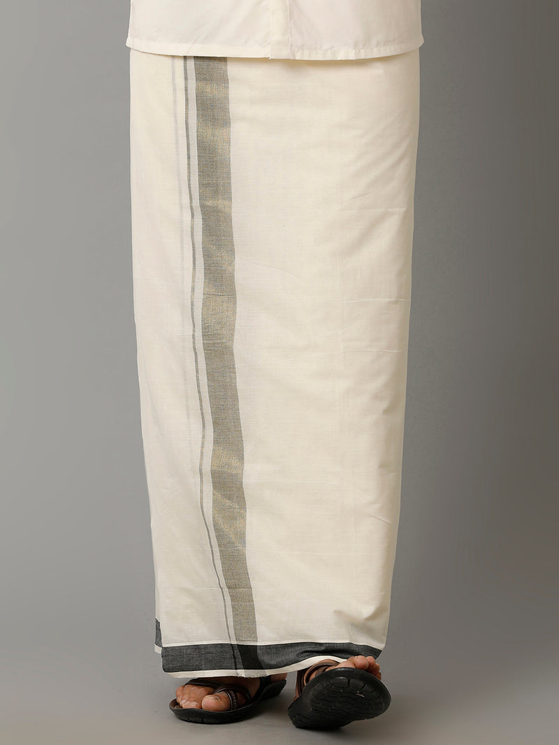 Mens Kora Cream Double Dhoti with Grey Mixed Gold Jari Border Excel