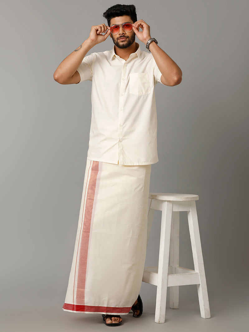 Mens Kora Cream Double Dhoti with Red Mixed Gold Jari Border Excel