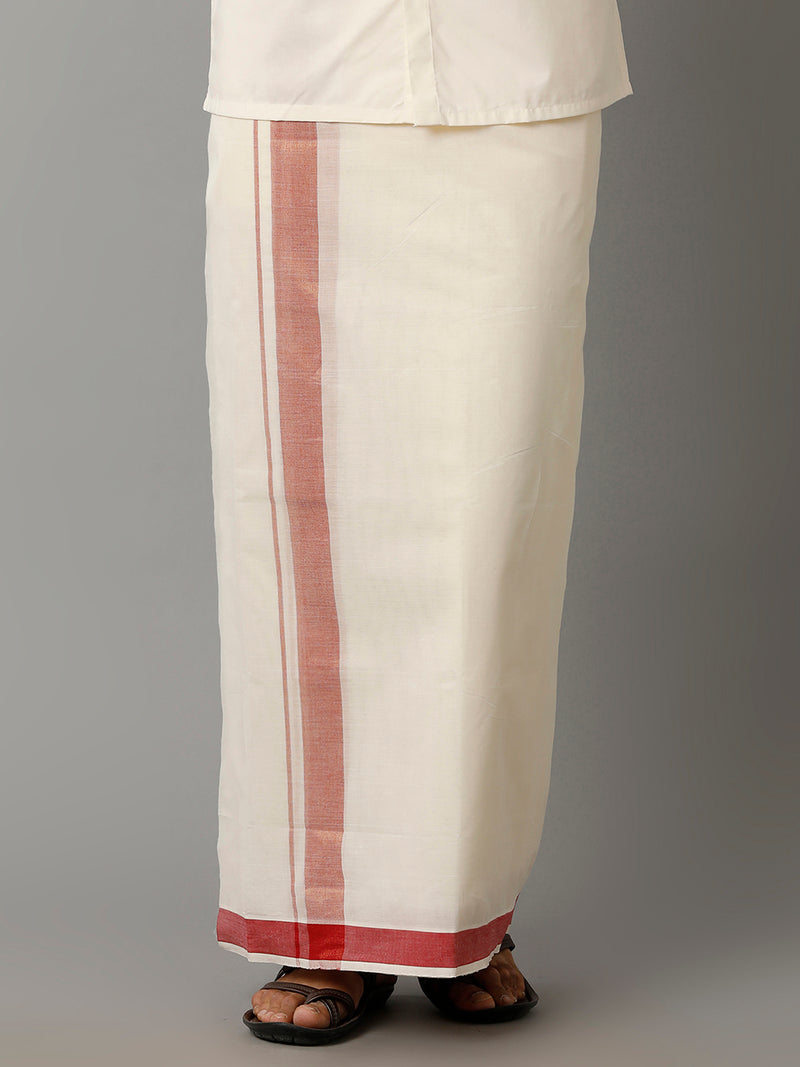 Mens Kora Cream Double Dhoti with Red Mixed Gold Jari Border Excel